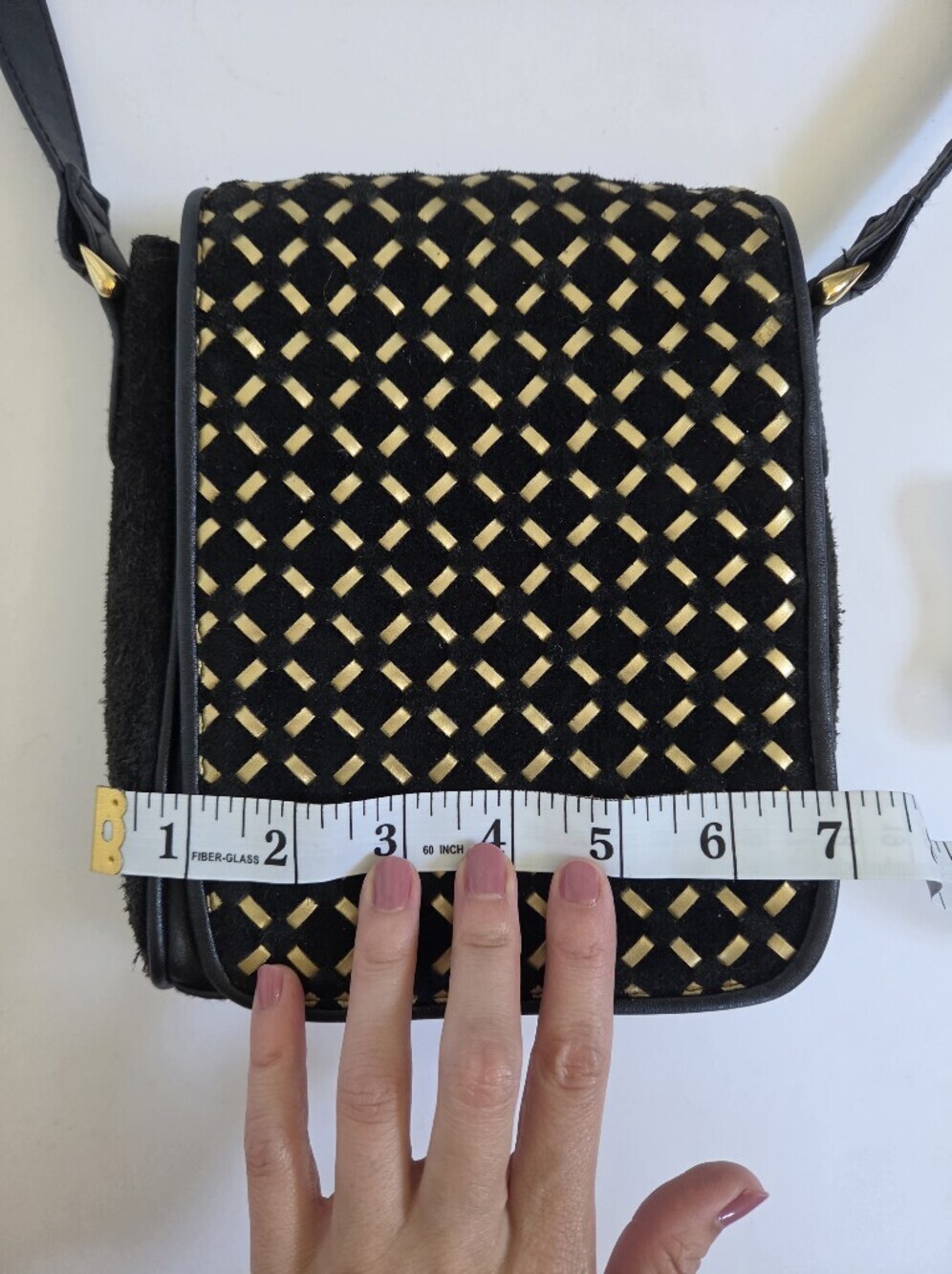 VTG Black suede leather crossbody bag with woven gold accents wallet card slots - Picture 7 of 9